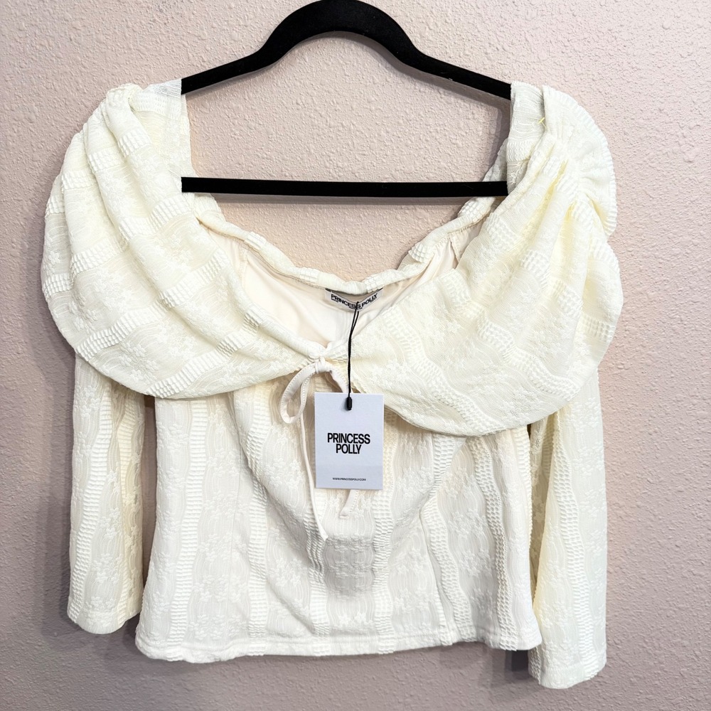 Princess Polly Colettie Long Sleeve Top Cream Lace Off Shoulder US 10 New